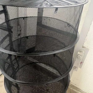 Torknät - Denna produkt är ett hopfällbart torknät med flera våningar, perfekt för att torka örter, blommor eller svamp. Tillverkad i svart mesh-material för god ventilation. Produkten är i gott skick och kan enkelt fällas ihop för smidig förvaring. Inga synliga defekter eller slitage.