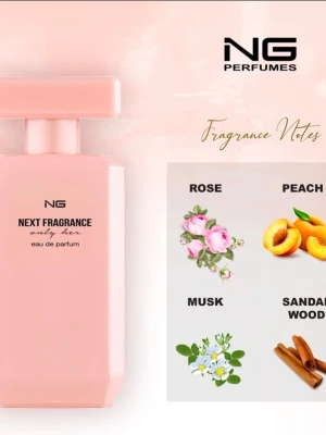 NG Next Only Her - Fräsch eau de parfum med noter av ros, persika, mysk och sandelträ. Perfekt för dig som vill ha en modern och ungdomlig doft. Ingredienser: rose, peach, musk, sandalwood. Inspirerad parfym 💕 Tagen ca 5-8ml ur den 🌸