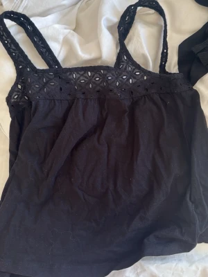 Svart linnetopp med spetsdetaljer - Säljer en svart linnetopp med breda axelband och fina spetsdetaljer upptill. Toppen har ett luftigt fall och är perfekt för varma dagar. Materialet känns mjukt och bekvämt mot huden och spetsen ger en extra touch.