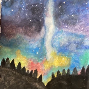 Norrsken av vattenfärg,  - En målning av ett norrsken, gjord av vattenfärg. Mått: 27x20. svart ram på köpet