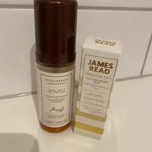 BUS-produkter. Gradual tan face drops från James Read(15ML) och Foaming tan water från vita liberata för kroppen (25ml). Kan säljas ihop eller separat. Paketpris = 200, separat: 125kr/styck 