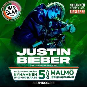 Jag säljer min big slap biljett (13+). Festivalen är baaanger och jag är så ledsen att jag missar den, men jag reser just detta datum, därav säljer jag den. Justin Bieber är en av artisterna som spelar denna dagen. Köpte den för 1040 med serviceavgift, säljer den till ett reducerat pris med 20%