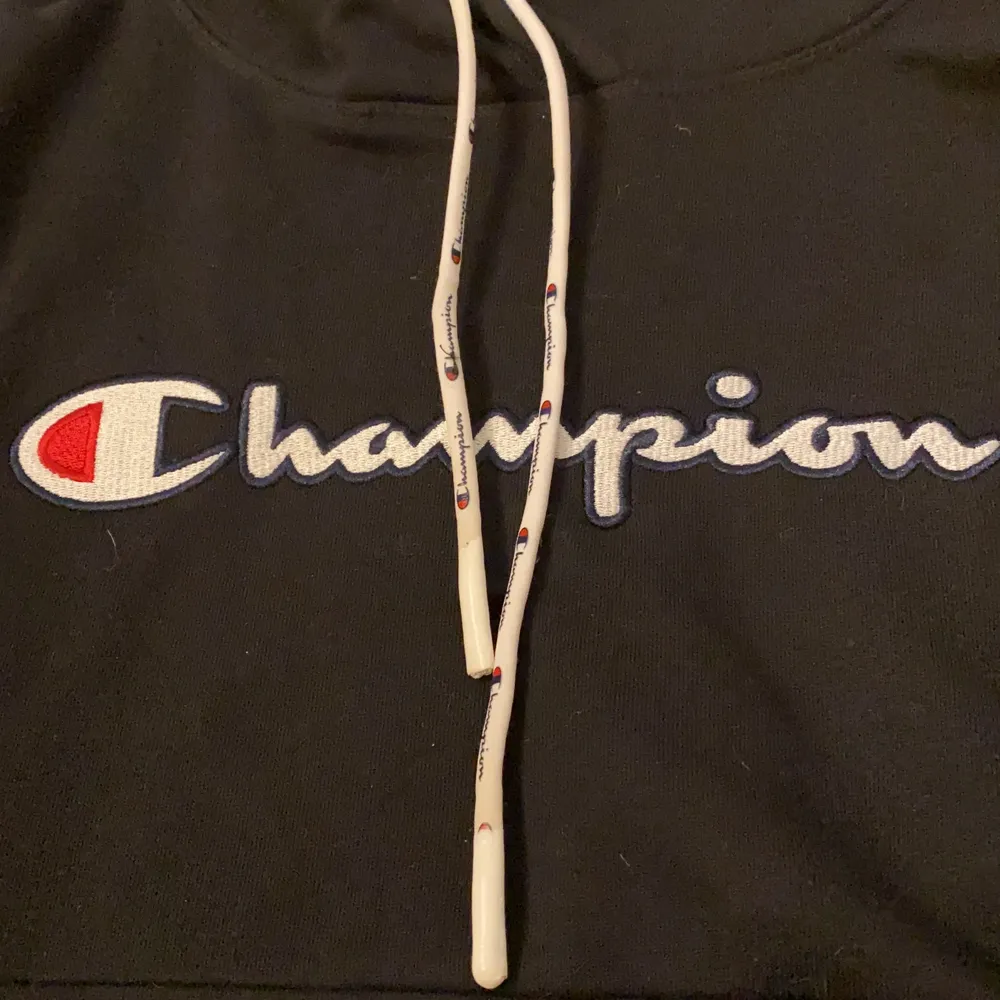 Svart Champion hoodie sitter skit bra inga fläckar eller märken säljer för 400 det stor champion på snörrerna vid luvan. Ni får betala frakt💜. Övrigt.