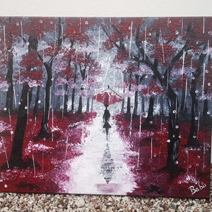 Canvas painting - Walking in the rain - Acrylic painting on canvas, Dimensions 55x46