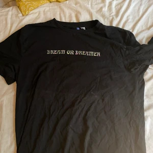 Svart t-shirt med tryck - Svart t-shirt från H&M med tryck på fram- och baksidan. Storlek L men funkar som M. Har en liten missfärgning på ärmen. Frakt ingår inte
