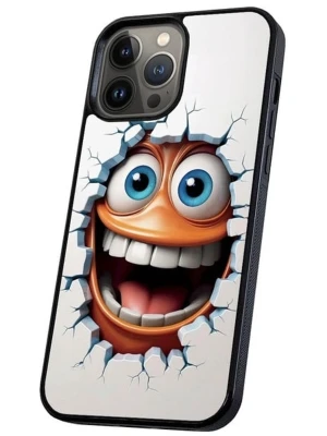 Mobilskal med glad emoji och 3D-effekt - Snyggt mobilskal med en stor, glad emoji som ser ut att spränga sig ut genom skalet. Skalet är vitt med svart kant och har en cool 3D-effekt. Passar dig som vill sticka ut och ge mobilen en rolig look. Materialet känns tåligt och skyddar mobilen bra.