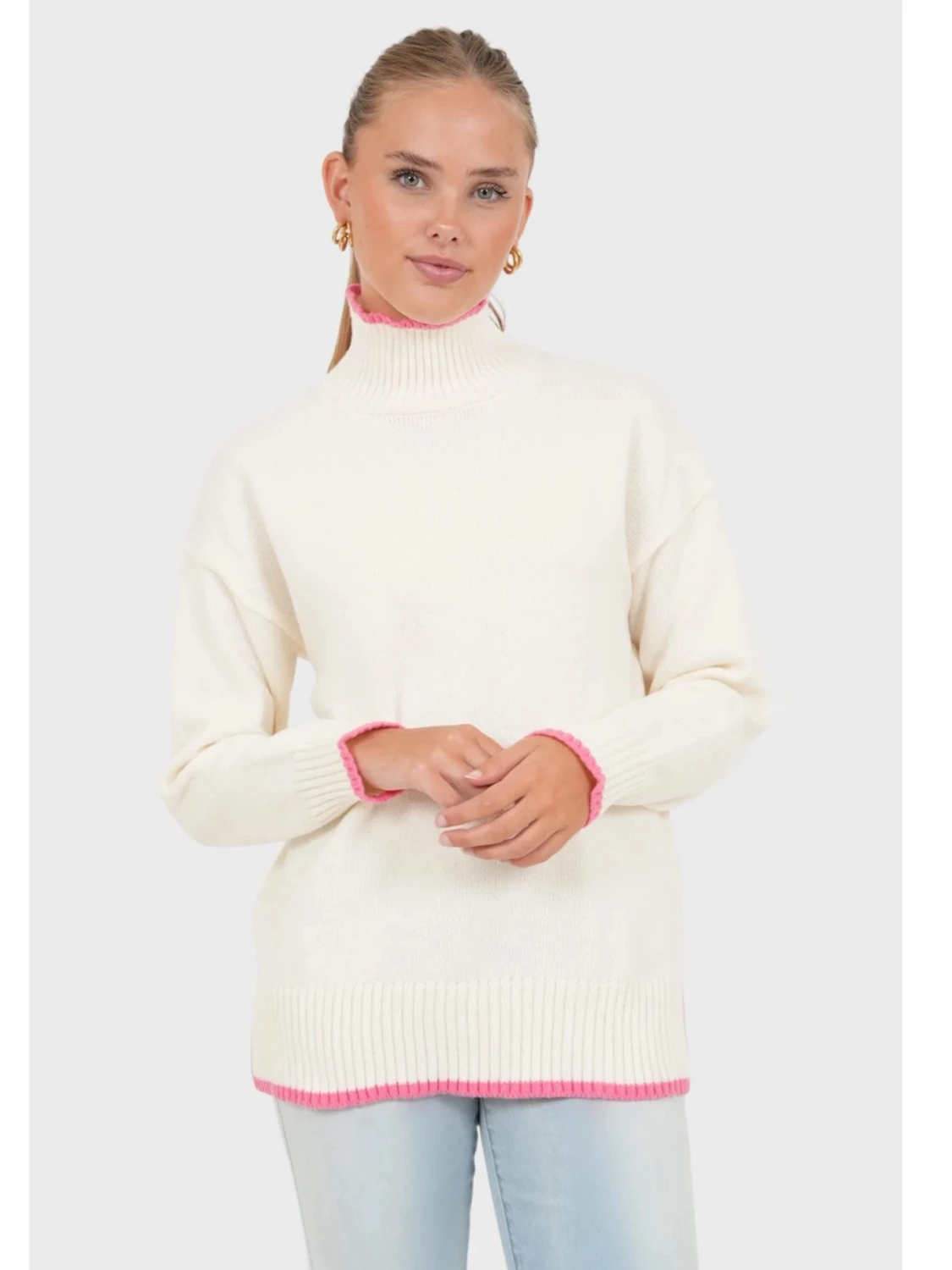 Vit stickad tröja med rosa detaljer - 3