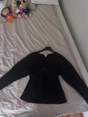 Svart långärmad topp med v-ringning - Snygg svart långärmad topp från H&M med v-ringad hals och figurnära passform. Toppen har stilrena sömdetaljer och är perfekt att matcha med jeans eller kjol. Tillverkad i mjukt och stretchigt material för en bekväm känsla.