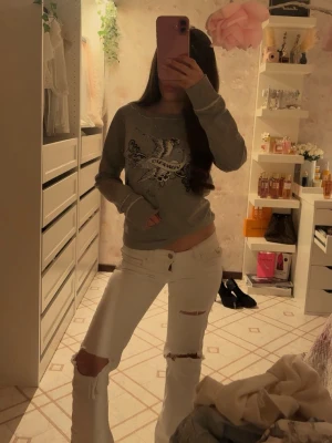 Oddmolly - Grå oddmolly sweatshirt med ett tryck av en fågel och blommor