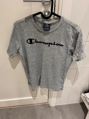 Grå Champion t-shirt med logga - Snygg grå t-shirt från Champion med stor svart logga på bröstet och liten logga på ärmen. Klassisk rund halsringning och korta ärmar. Tillverkad i mjuk bomull för skön känsla och enkel stil.