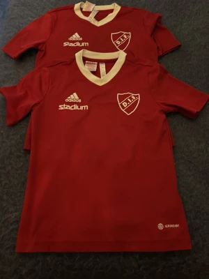 Röd DIF träningströja från Adidas - Säljer en röd Djurgårdens IF träningströja från Adidas med vitt DIF-emblem på bröstet och vit V-ringad krage. Tröjan har korta ärmar och är tillverkad i ett lätt funktionsmaterial med Aeroready-teknologi. Perfekt för träning eller match.
