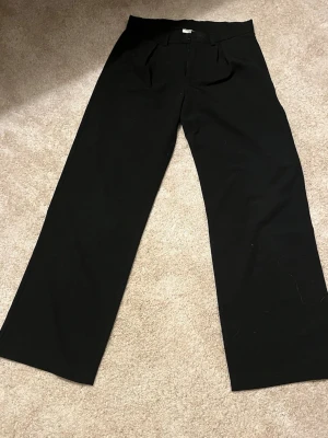 Svarta vida kostymbyxor - Säljer ett par svarta kostymbyxor med hög midja och vida ben. Byxorna har klassiska pressveck framtill och bälteshällor i midjan. Perfekta för en clean och stilren look. Materialet ser ut att vara en mjuk och följsam textil.