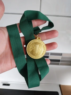 Guldmedalj med grön band - Snygg guldmedalj med texten 'No 1' och grönt band. Medaljen har präglade detaljer och text runt kanten. Perfekt som accessoar för att sticka ut eller som kul detalj till outfiten.
