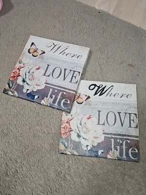 2 st romantiska tavlor med text - Två fyrkantiga tavlor med motiv av blommor, fjärilar och texten 'Where LOVE life'. Tavlorna har en ljus bakgrund med inslag av vitt, beige, blått och rosa. Materialet är canvas uppspänd på träram och de har upphängningsbeslag på baksidan.