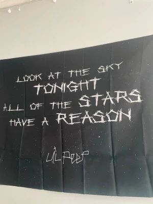 Lil Peep väggbonad svart textil - Säljer en svart väggbonad i tyg med citatet 'Look at the sky tonight all of the stars have a reason' i vit grafisk text och små vita prickar som liknar stjärnor. Perfekt för dig som gillar Lil Peep och vill ha något unikt på väggen. Ser sne ut på bilden men är inte det i verkligheten, skriv för frågor💓💓💓