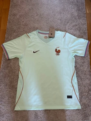 Ljusblå Nike Frankrike matchtröja - Snygg ljusblå matchtröja från Nike med Frankrikes landslagsemblem och två stjärnor på bröstet. Tröjan har V-ringning, korta ärmar och detaljer i orange samt ränder i blått, vitt och rött vid ärmsluten. Tillverkad i lätt och ventilerande material.