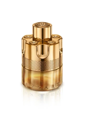 Azzaro parfym i guldigt hölje - Lyxig parfym från Azzaro i en unik, cylinderformad flaska med guldigt metallhölje och detaljerad struktur. Flaskan har en transparent nedre del som visar den gyllene vätskan inuti. Perfekt för dig som gillar exklusiv design.