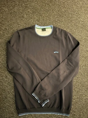 Brun tröja från BOSS med logga - Snygg brun tröja från BOSS med rund halsringning och diskret BOSS-logga på bröstet. Tröjan har långa ärmar och ribbade muddar med vita och blå detaljer vid ärmslut och nederkant. Perfekt för en stilren och avslappnad look.