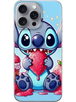 Blått mobilskal med Stitch och jordgubbe - Snyggt mobilskal med motiv av Stitch som äter en stor jordgubbe. Skalet har en ljusblå bakgrund och färgglada detaljer med tecknad stil. Tillverkat i tåligt plastmaterial och passar perfekt för dig som gillar söta och lekfulla designer.