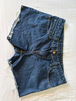 Blå jeansshorts från Carhartt - Säljer ett par klassiska blå jeansshorts från Carhartt med råa, fransiga benslut och femficksmodell. Shortsen har gylf med knapp och synliga kontrastsömmar. Perfekta för varma dagar och en avslappnad look. Köpare står för frakt. 