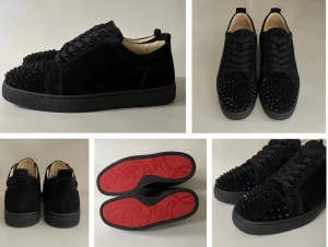 Svarta sneakers med nitar från Louboutin - Snygga svarta sneakers i mocka från Christian Louboutin med svarta nitar på tån och sidorna. Skorna har klassisk låg profil, svarta skosnören och den ikoniska röda sulan. Perfekta för dig som vill sticka ut med en edgy och exklusiv stil.