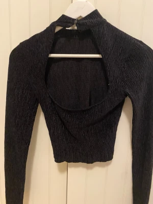  topp med öppen rygg - Trendig svart ribbad topp med lång ärm och hög hals. Toppen har en snygg öppen rygg.