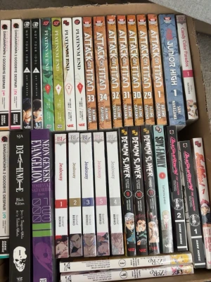 Stor paket manga på engelska - Säljer en blandad samling manga på engelska, inklusive Attack on Titan, Demon Slayer, Death Note, Neon Genesis Evangelion, Platinum End, Danganronpa, Jealousy, Junior High och fler. Böckerna har färgglada omslag och är i pocketformat, perfekta för mangaälskare och samlare.