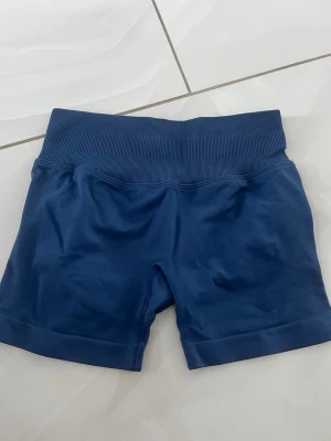 Blå midwaist träningsshorts - Snygga blå träningsshorts med bred ribbad midja som ger en bekväm passform. Shortsen är tillverkade i ett stretchigt syntetmaterial och har en tight modell som passar perfekt för träning eller gymmet.
