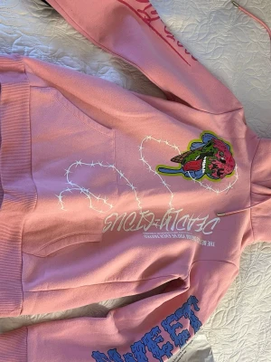 Rosa Deadly Venus hoodie med tryck - Säljer en rosa hoodie från Deadly Venus med stor färgglad grafik av ett hjärta och taggtråd på framsidan. Tryck på ena ärmen och textdetaljer framtill. Klassisk känguruficka och huva med dragsko. Perfekt för dig som gillar streetwear och unika prints.