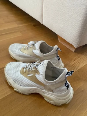 Vita mesh sneakers med beige detaljer Steve Madden - Snygga vita sneakers med mesh-överdel och beige detaljer på sidorna. Skorna har vita snören och en chunky sula med cool design. Märket Steve Madden syns på hälen. Perfekta för dig som gillar sportig och modern stil.