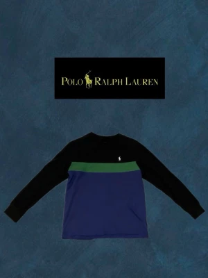 Flerfärgad långärmad tröja Polo Ralph Lauren - Snygg långärmad tröja från Polo Ralph Lauren med svart överdel och ärmar, grön rand över bröstet och blå nederdel. Logga broderad på bröstet och stor vit text längs ena ärmen. Perfekt för en sportig och avslappnad look.