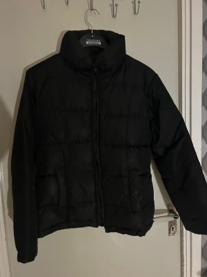 Svart pufferjacka  - Säljer en svart pufferjacka med hög krage och dragkedja framtill. Jackan har en klassisk boxig passform och quiltad design som ger en riktigt fet vinterlook. Perfekt för kalla dagar när du vill hålla värmen och ändå se stilren ut.
