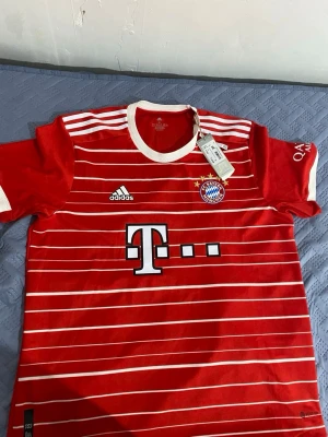 Bayern München matchtröja Adidas röd - Röd Bayern München matchtröja från Adidas med vita horisontella ränder, klubbmärke och sponsorlogga på bröstet. Rund halsringning i vitt och korta ärmar. Tillverkad i funktionsmaterial HEAT.RDY för sportaktiviteter.