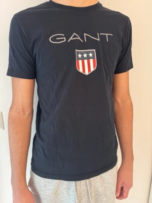 GANT t-shirt  - Snygg svart t-shirt från GANT med stort tryck framtill och logga med stjärnor och ränder. Klassisk passform och rund halsringning. Tillverkad i mjuk bomull som känns skön mot huden. Har storlek XS-S 