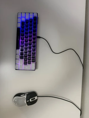 RGB-minitangentbord och gamingmus - Säljer ett kompakt mekaniskt tangentbord med RGB-belysning i flera färger och en svartvit gamingmus med hålmönster. Tangentbordet har USB-anslutning och stilren design, perfekt för gaming eller skrivbordet. Materialet är plast och båda är sladdanslutna.