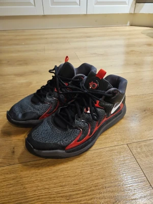 Nike KD 17 basket skor svart/röd - Snygga Nike KD basketskor i svart med röda och vita detaljer. Skorna har en modern design med stickad ovandel och robust sula med jätte bra grepp på planen. Perfekta för dig som gillar basket och vill ha bra och snygga skor med bra grepp och som känns smidiga och snabba på fötterna. Säljs då jag slutat med basket.