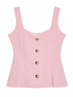 Rosa linnetopp med knappar - Supersöt rosa linnetopp med breda axelband och snygga guldfärgade knappar framtill. Toppen har en figurnära passform och lätt utsvängd nederkant, perfekt för en trendig look. Storlek L men funkar som M