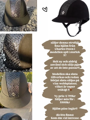 Charles Owen SP8 hjälm svart glitter - Snygg svart ridhjälm från Charles Owen, modell SP8, med glittrig panel på ovansidan och klassisk form. Hjälmen har ett elegant mönster i glitter och justerbar hakrem. Perfekt för dig som vill sticka ut i stallet! Denna hjälm ska även sluta säljas så passa på!! Helt oanvänd endast provad, kvitto finns.🙌🏽💗storlek: 57 ) super snygg!! Helt helt ny!! Hjälm fodral medföljs!! Ny pris 5800 