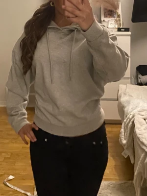 Ljusgrå hoodie med huva - Säljer en stilren ljusgrå hoodie med huva och dragsnören. Hoodien har en klassisk passform med ribbade muddar vid ärmslut och midja. Perfekt för en avslappnad och trendig look.