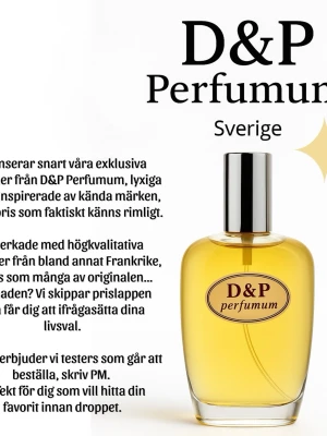 D&P Perfumum parfymflaska - Lyxig parfym från D&P Perfumum med guldfärgad vätska i en genomskinlig glasflaska och silverfärgad kork. Flaskan har en oval form och en stilren etikett framtill. Inspirerad av kända dofter och tillverkad av högkvalitativa ingredienser.