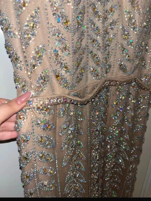 Champagnefärgad långklänning med paljetter - Säljer en champagnefärgad långklänning täckt av glittriga paljetter i ett lövmönster. Klänningen har en elegant och figurnära passform med transparent mesh och gnistrande detaljer som verkligen sticker ut. Perfekt för dig som vill glänsa extra mycket.