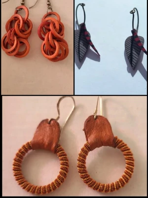 Sami earring bundle - These are from 1970's to 2010's. Two made with wood. One made with leather and beads. 45sek each for the wood ones 90sek for oring earrings All three for 155sek  Bundle discounts: two items 5% off (automatic) three items 10% off, five items 20% off. Message me before purchasing 3+ items for discount.