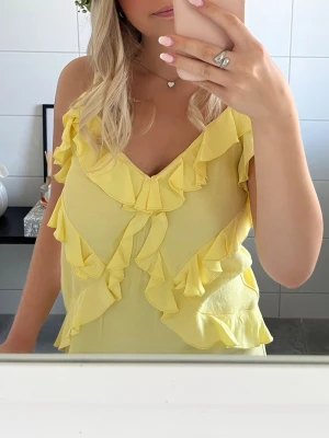 Gul volangklänning - Söt gul kortklänning med smala axelband och volang detaljer. Klänningen har en v-ringad urringning och är tillverkad i ett lätt, luftigt material som passar perfekt för varma dagar.