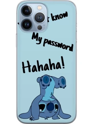 Blått Stitch mobilskal med text - Snyggt mobilskal i ljusblått med motiv av Stitch som står på huvudet och texten 'You’ll never know my password Hahaha!'. Skalets design är lekfull och passar perfekt för dig som gillar Disney och vill ha ett unikt skal till din mobil.