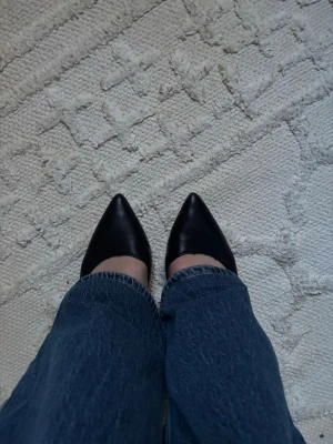 Svarta spetsiga ballerinaskor - Snygga svarta ballerinaskor med spetsig tå och låg klack. Skorna har en stilren design och är gjorda i ett slätt material som ser ut som läder. Perfekta för dig som gillar en klassisk och trendig look.