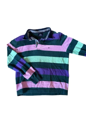 Randig golftröja från Park lane - Säljer en färgglad rugbytröja från park Lane med breda ränder i grönt, lila, rosa och ljusgrönt. Tröjan har krage, knappar vid halsen och lång ärm. Tillverkad i mjuk bomull och har en relaxed fit som är perfekt för en chill look.