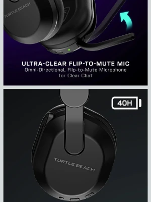 Turtle Beach 500 trådlösa gaminghörlurar - Snygga svarta over-ear gaminghörlurar från Turtle Beach med inbyggd flip-to-mute mikrofon och upp till 40 timmars batteritid. Hörlurarna har mjuka öronkuddar, justerbar bygel och funkar trådlöst till flera enheter. Perfekt för gaming och chatt.