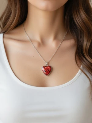 Halsband med hjärtformat röd ros-berlock - Snyggt halsband med en tunn silverfärgad kedja och ett hjärtformat hänge med röda rosor. Berlocken har en glansig finish med glasöverdrag och motivet är detaljerat med flera rosor i olika nyanser av rött. Kedjan 45 + 5 cm. Berlocken 2× 2 cm. Perfekt för dig som gillar romantiska accessoarer.