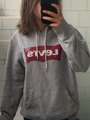 Grå Levi's hoodie med logga - Säljer en grå hoodie från Levi's med den klassiska röda loggan på bröstet. Hoodien har huva med vita dragsnören och en stor magficka framtill. Tillverkad i mjukt sweatshirtmaterial, perfekt för en avslappnad stil. säljer den för den aldrig kommer till användning 💕