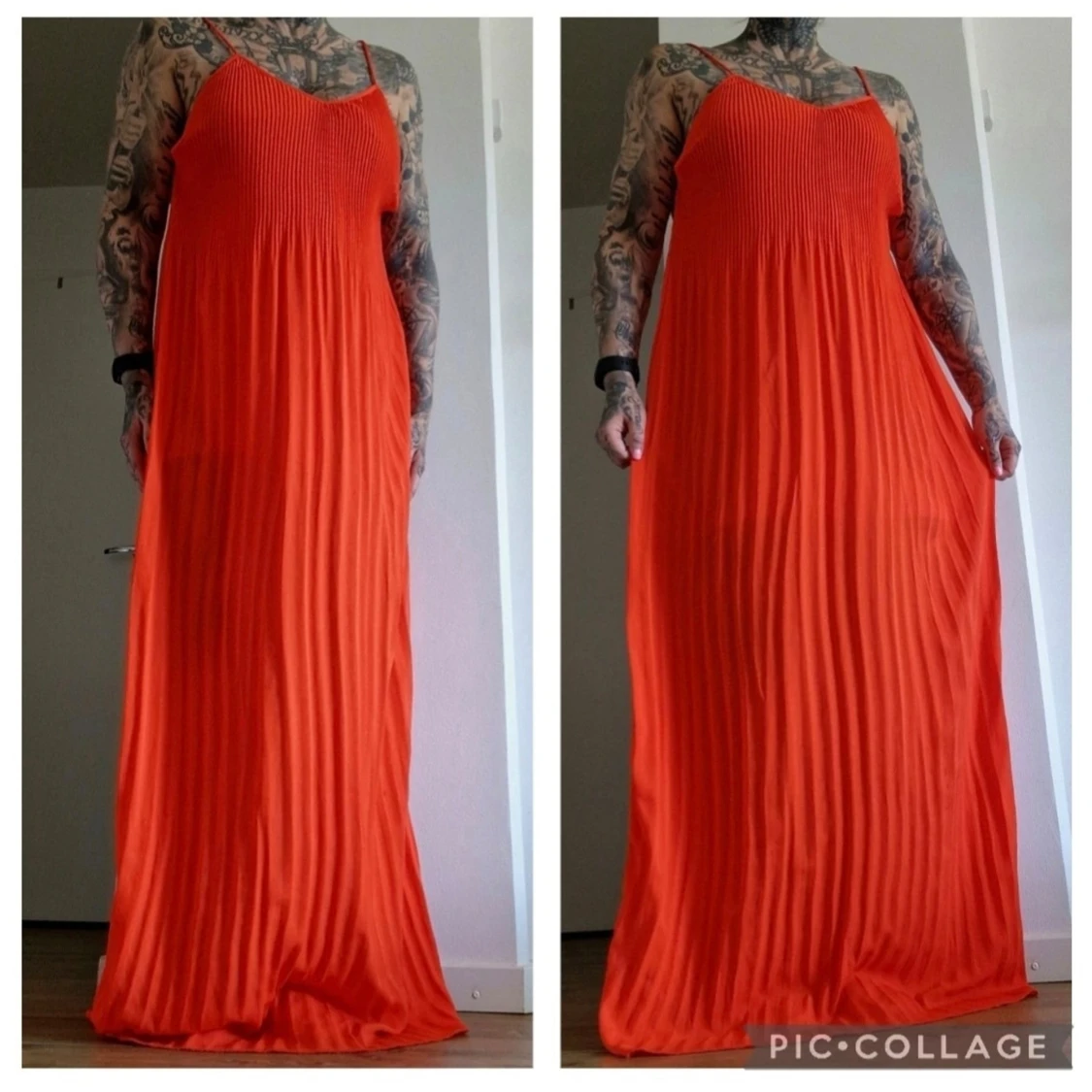 Plisserad orange maxiklänning
